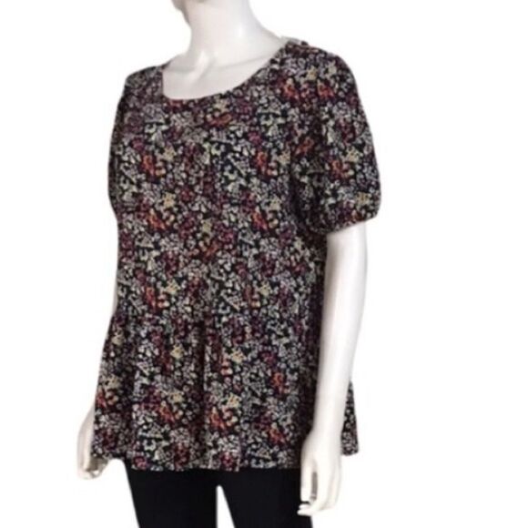 Anthro x W5 L Black Ditsy Floral Short Sleeve Peplum Wrinkle Resistant Top - Picture 5 of 9